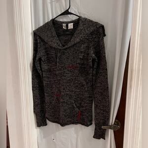 Bke gray black sweater red stitching 1/4 button boho hippie size medium